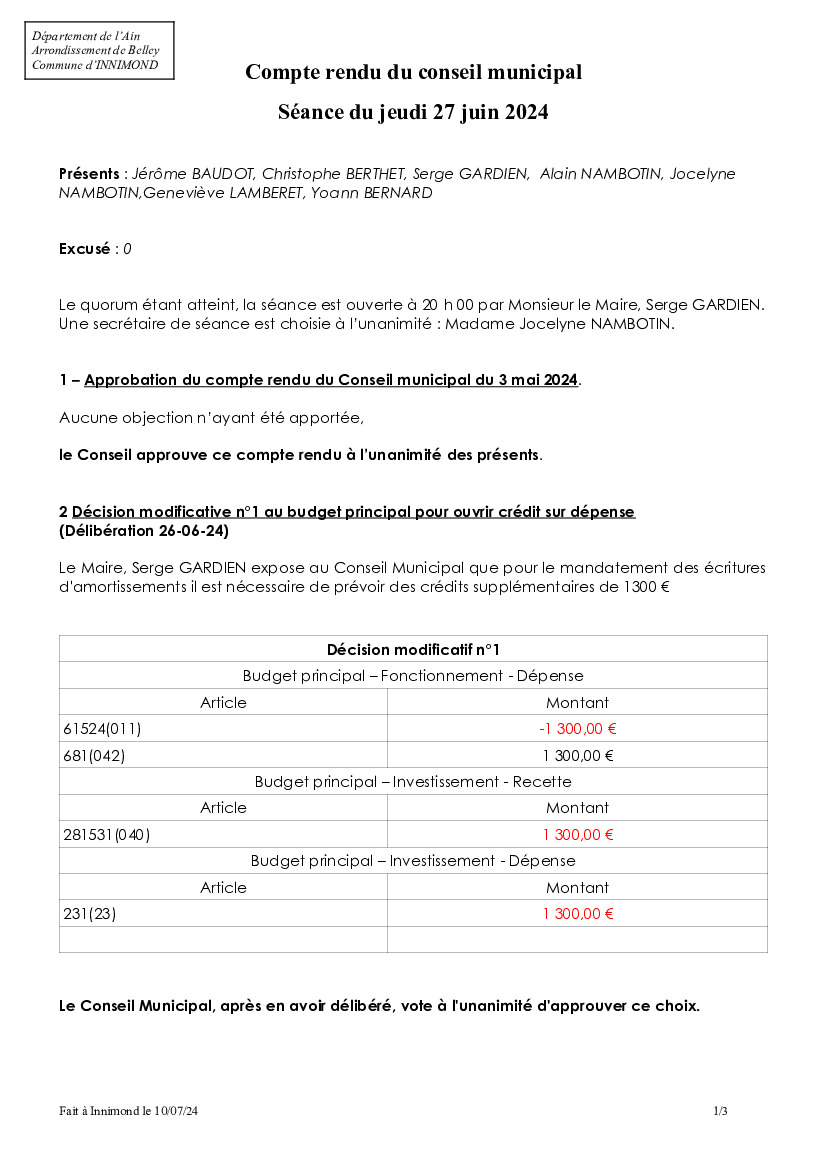 Compte rendu du Conseil du 27 juin 2024