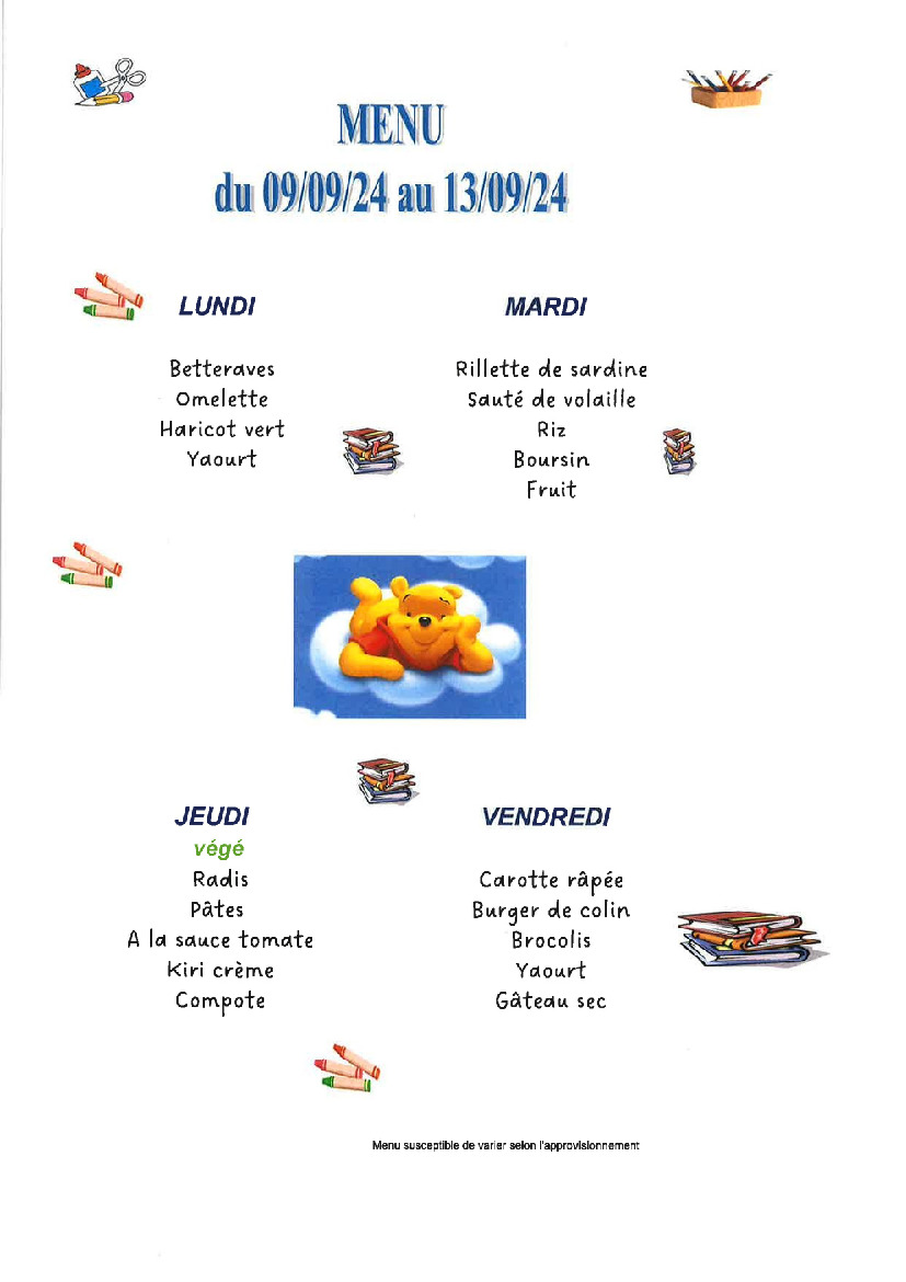 Menu de la cantine scolaire du 09/09/24 au 13/09/24