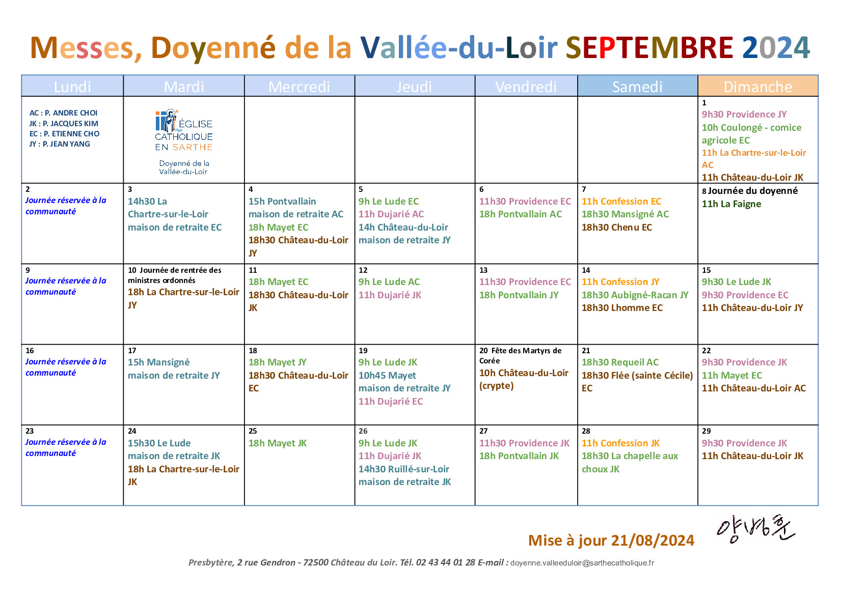 Calendrier des Messes