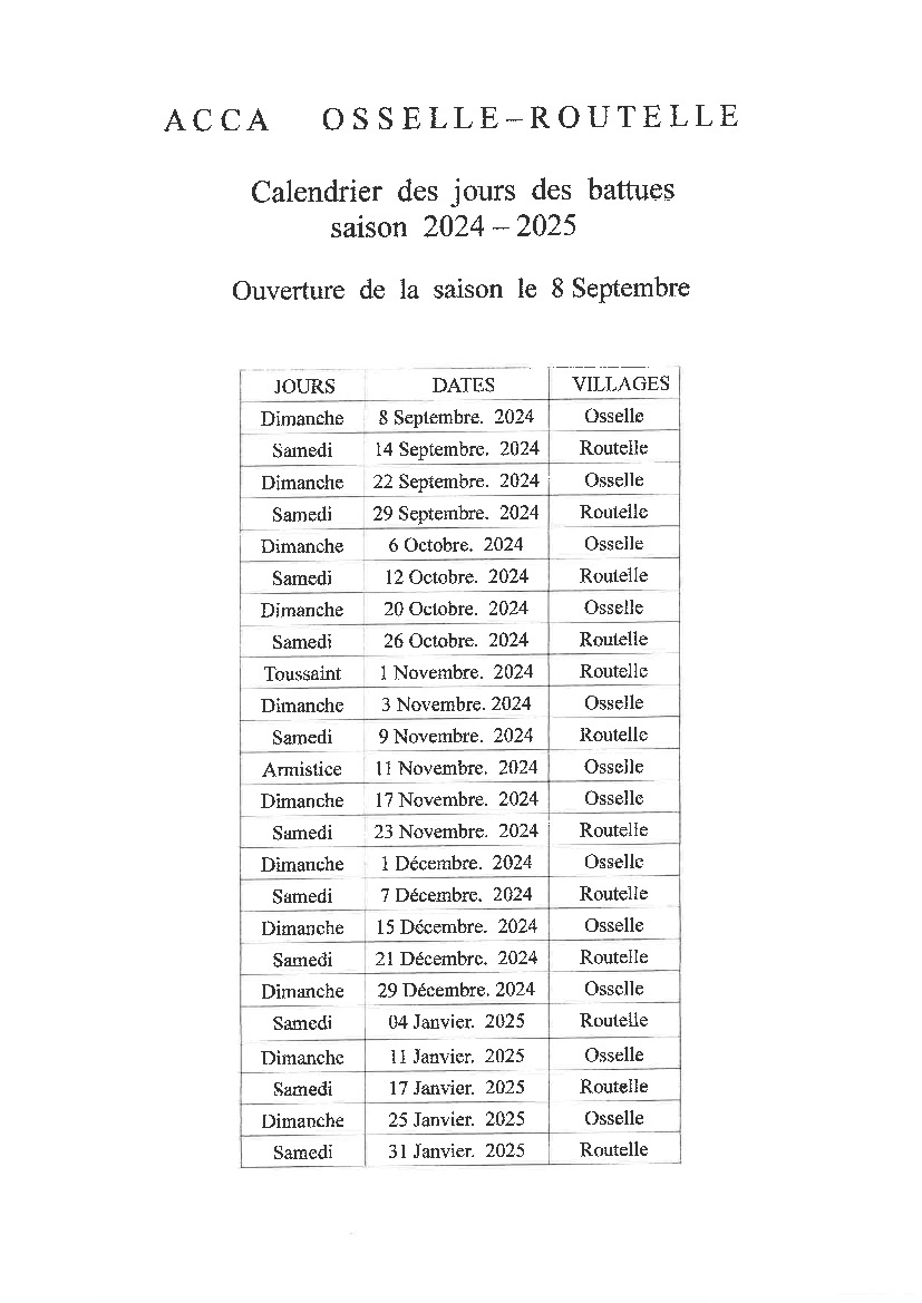 Calendrier des battues 2024-2025