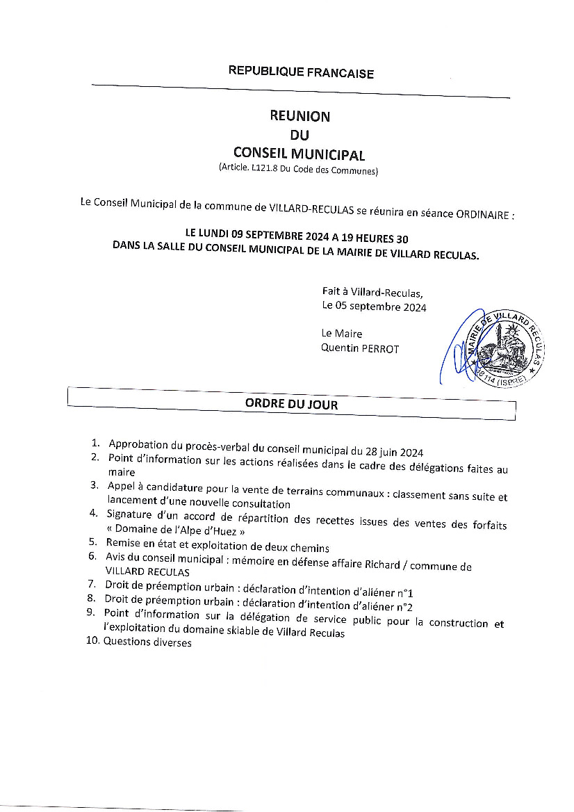 Ordre du jour - Conseil municipal du 09 septembre