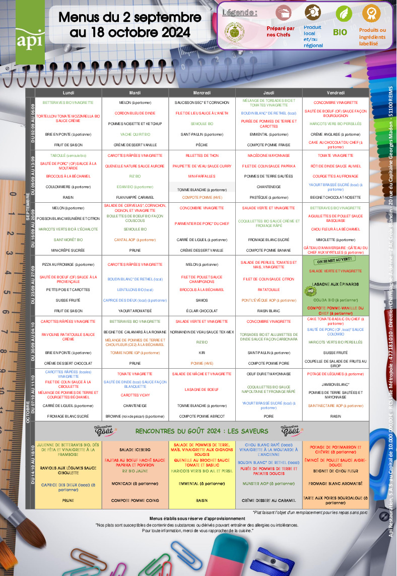 Menus scolaires