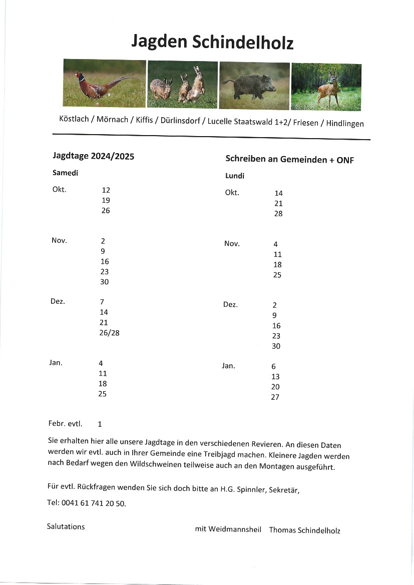 Calendrier des jours de chasse saison 2024/2025