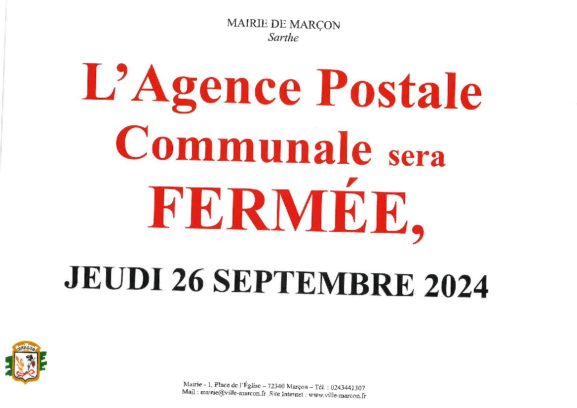 fermeture Agence Postale - Jeudi 26/09/2024