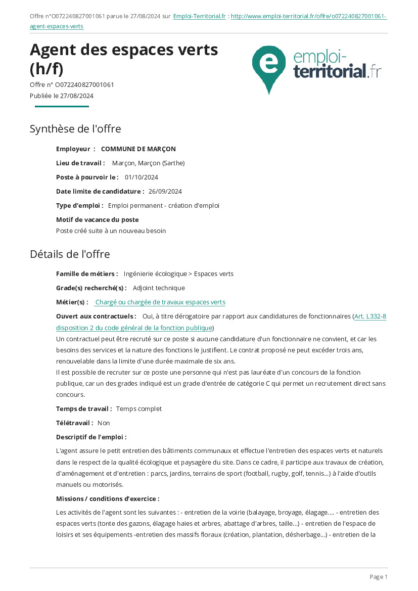 OFFRE D'EMPLOI - ADJOINT TECHNIQUE - MAIRIE