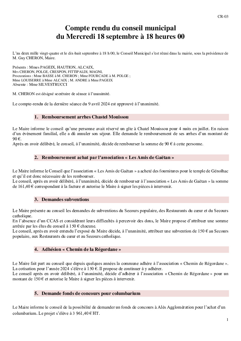 Compte rendu du Conseil Municipal