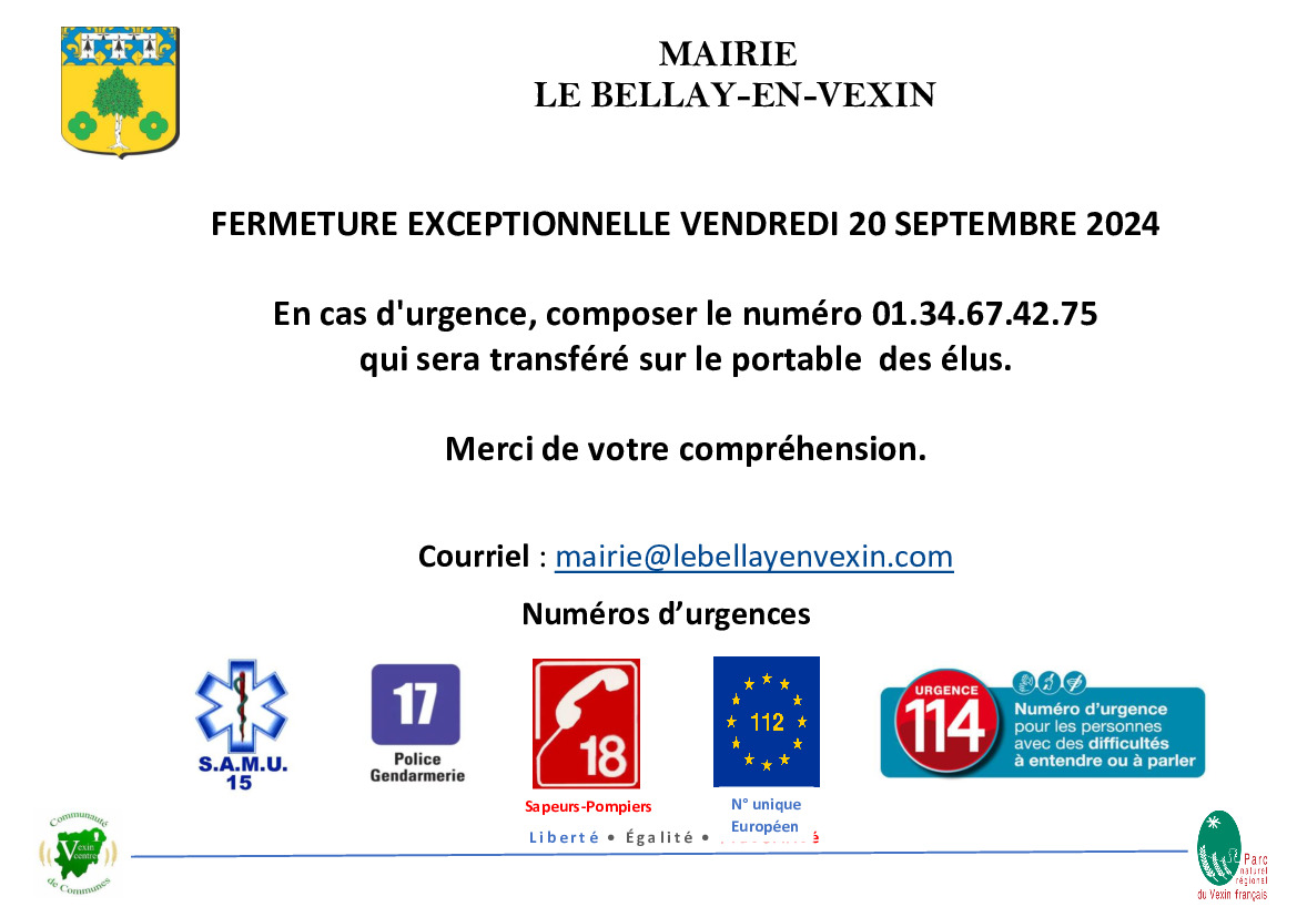 FERMETURE EXCEPTIONNELLE MAIRIE VENDREDI 20 SEPT