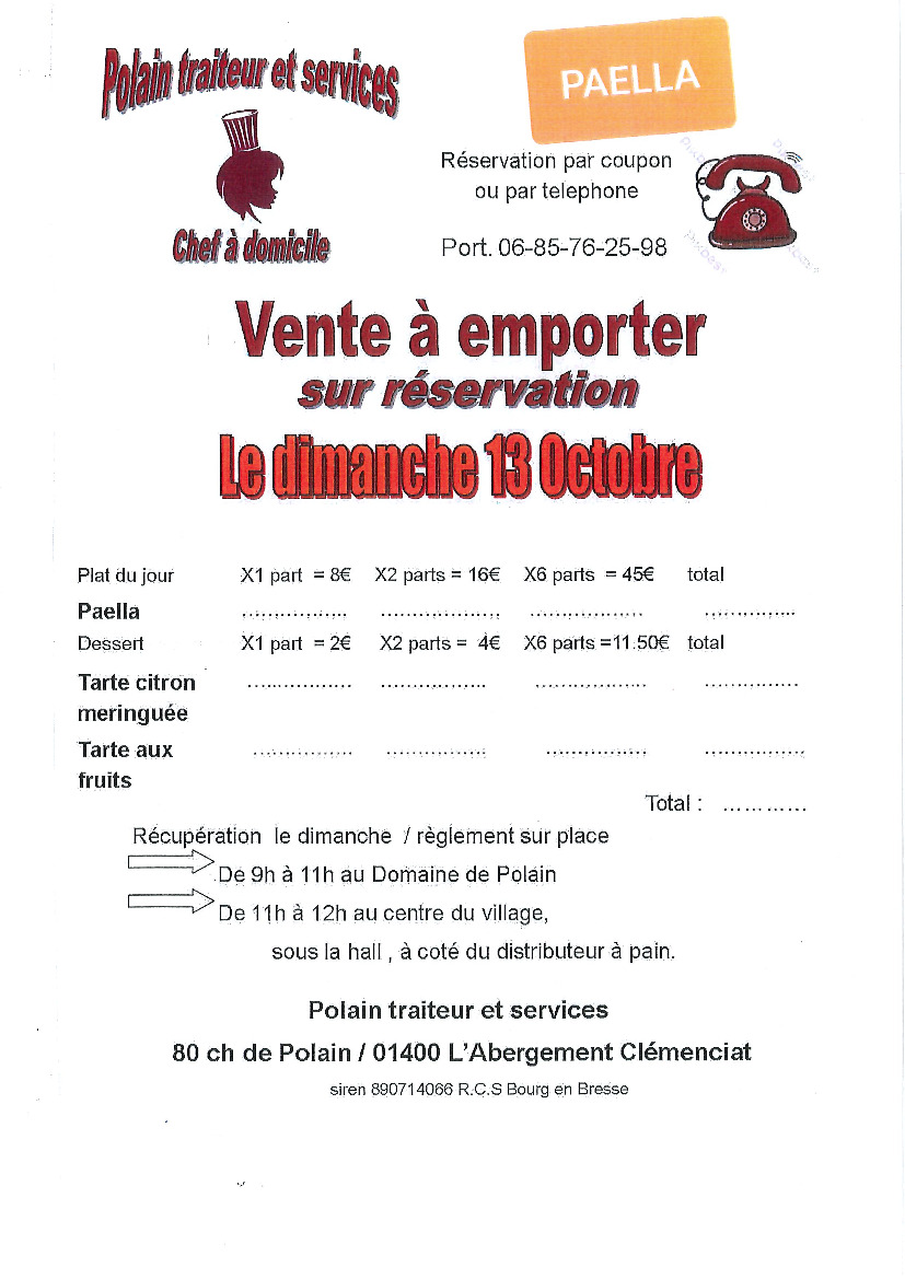 Vente à emporter Paella