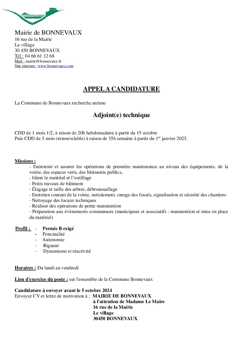 Appel à candidature - MAIRIE BONNEVAUX