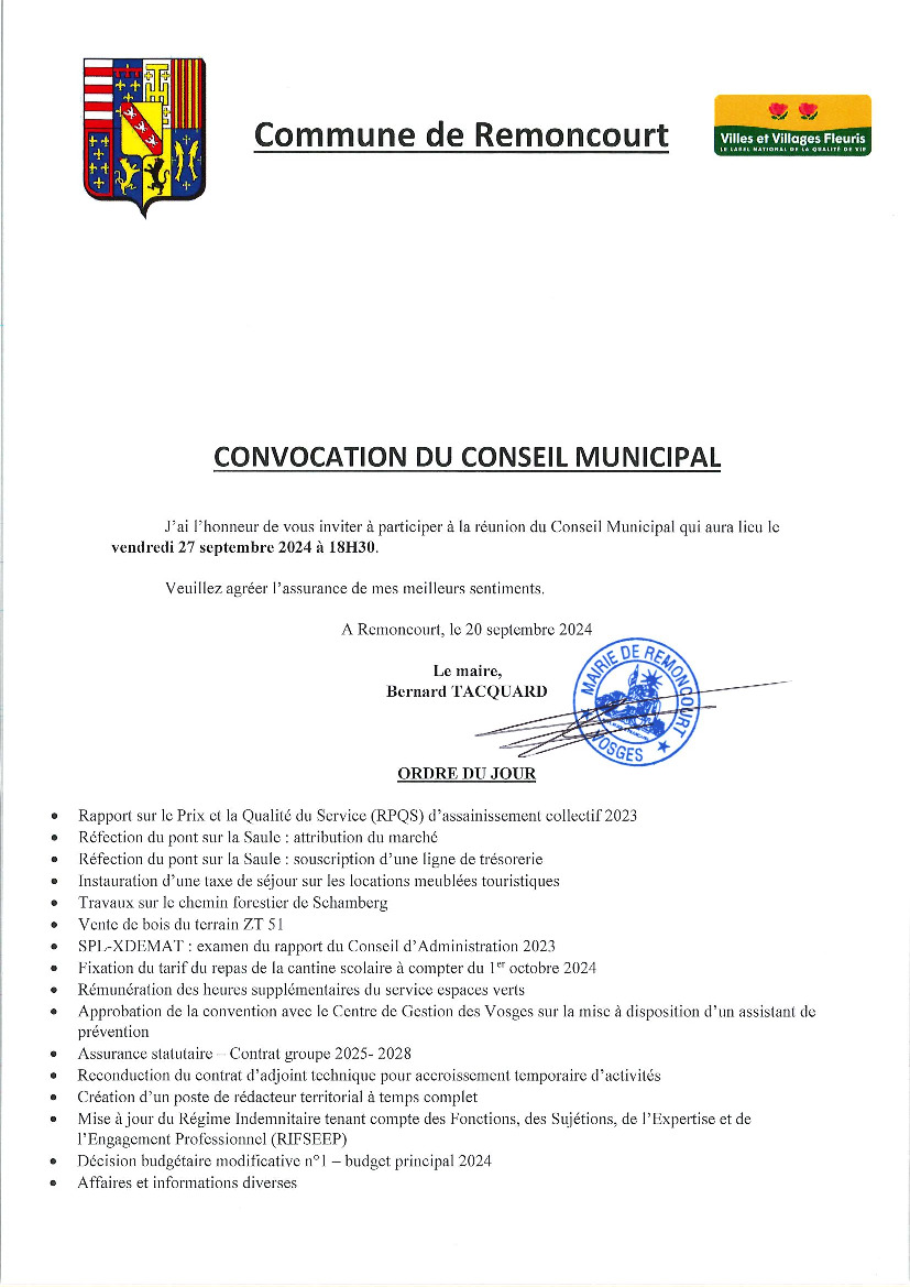 Convocation du Conseil municipal le 27 septembre 2024