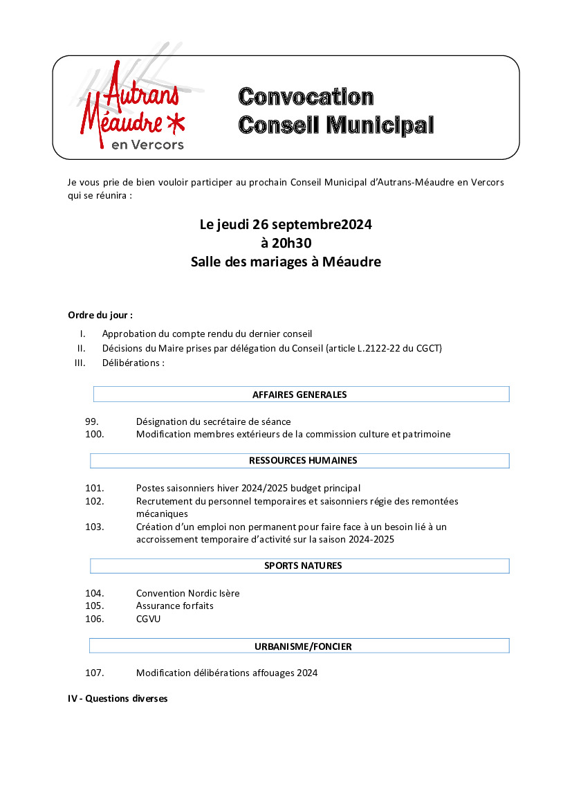 ORDRE DU JOUR CONSEIL MUNICIPAL