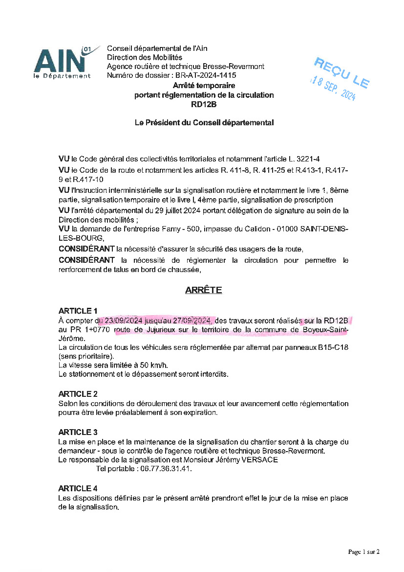 CIRCULATION REGLEMENTEE SUR RD12b DU 23 AU 27 SEPTEMBRE