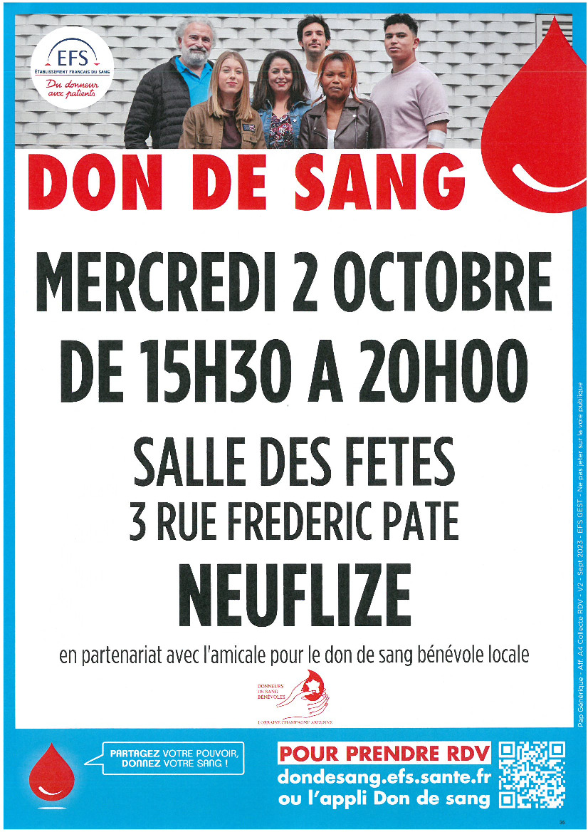 Don du sang à Neuflize le mercredi 2 octobre 2024