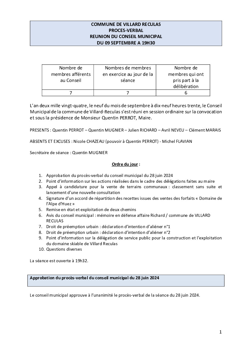 Procès-verbal conseil municipal du 09 septembre