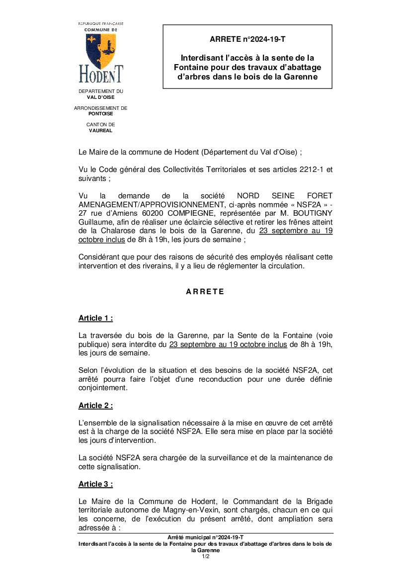 Arrêté interdisant l’accès à la sente de la Fontaine