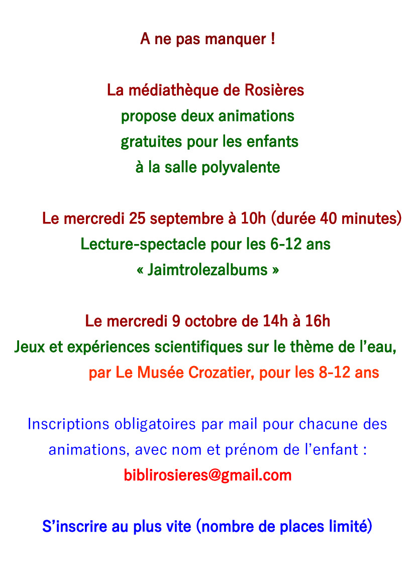 Médiathèque de Rosières : animations Septembre/Octobre