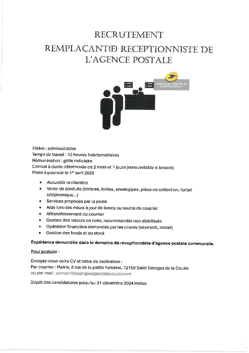 Offre d'emploi - Agence postale à St Georges-de-la-Couée