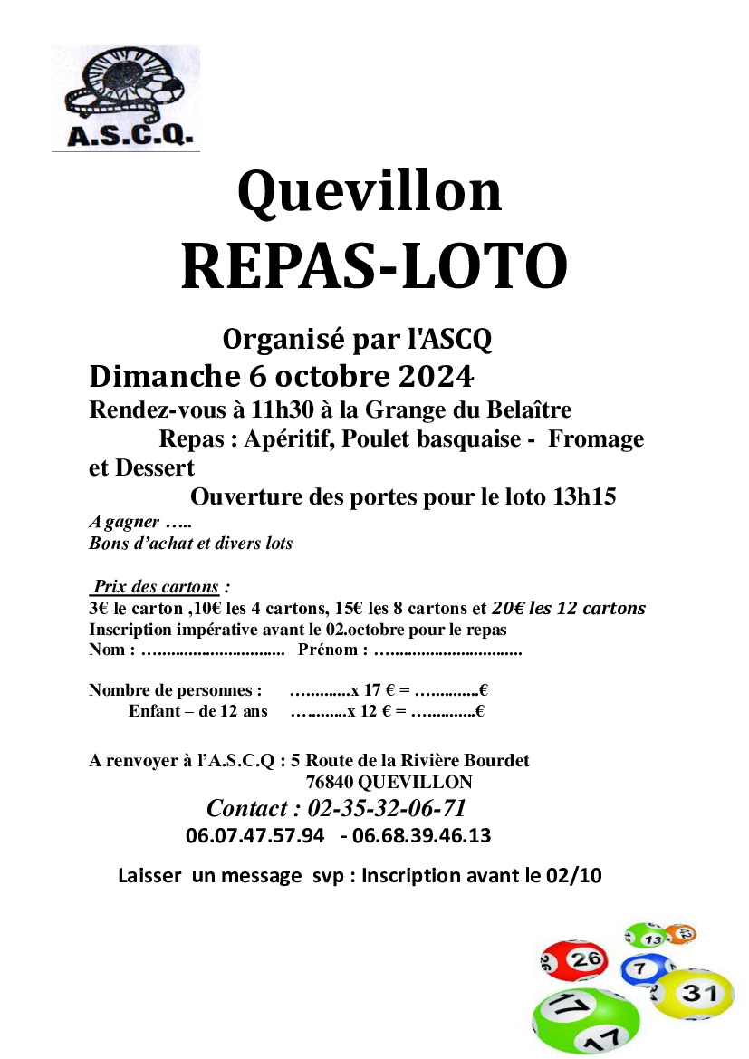 ASCQ - repas loto le 6 octobre 2024