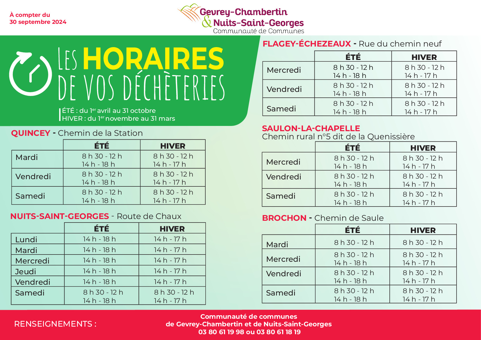 Nouveaux horaires déchetteries au 30 09 2024