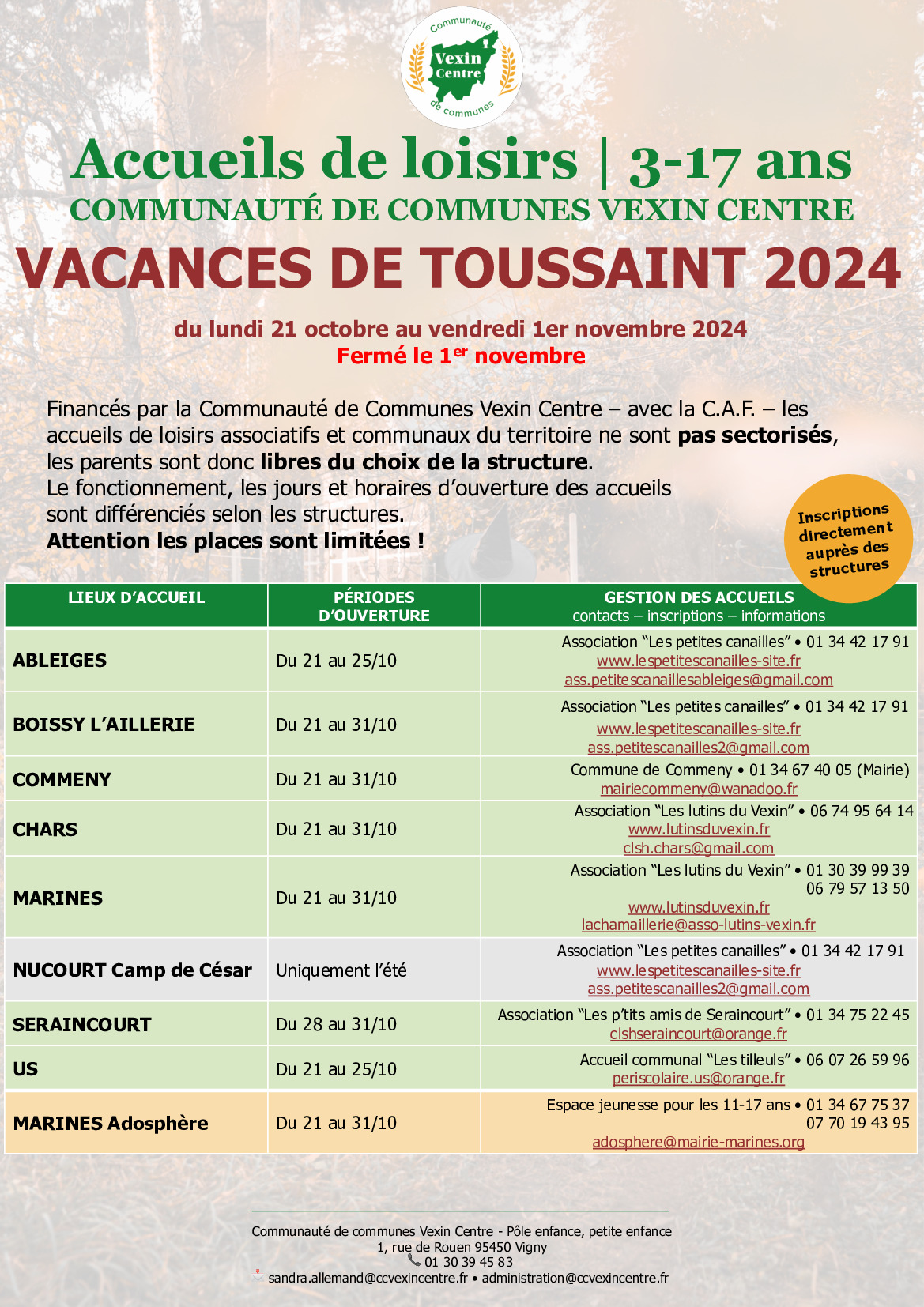 Accueil des loisirs  pour les vacances de la Toussaint