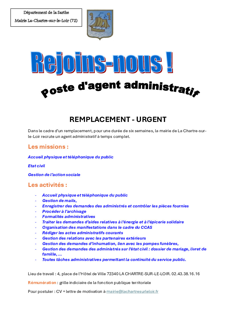 Offre d'emploi - remplacement agent administratif