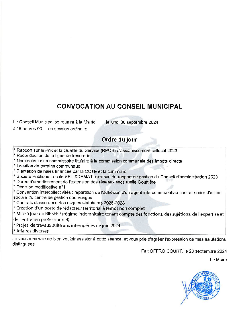 Convocation du Conseil municipal le 30 septembre