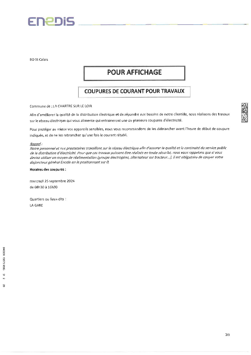 Coupures de courant pour Travaux ENEDIS 25/09/2024