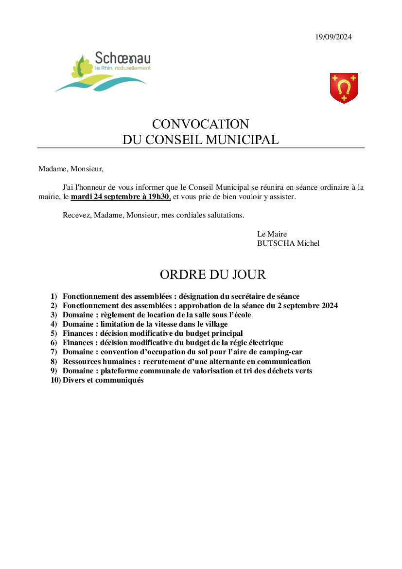 CONSEIL MUNICIPAL DU 24 SEPTEMBRE A 19H30