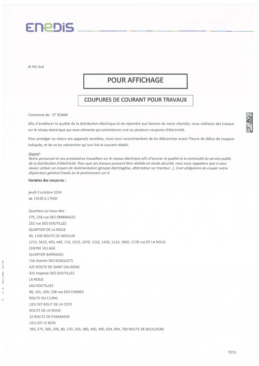 Coupures de courant pour travaux