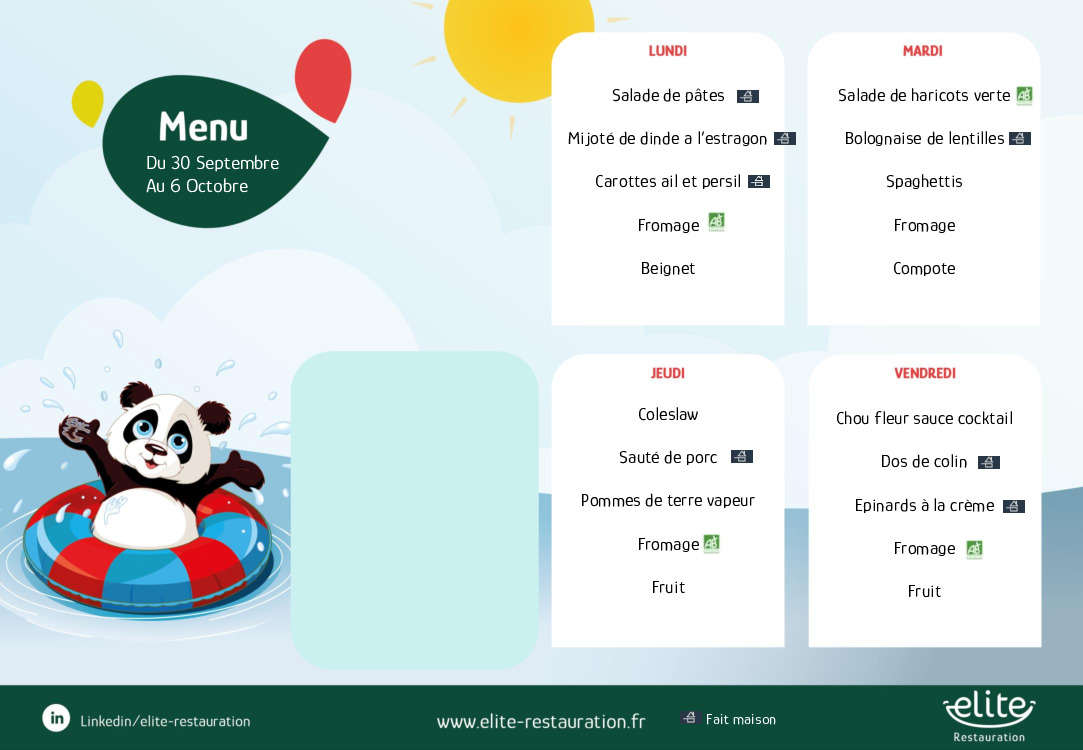 Menu cantine du 30 septembre au 6 octobre 2024