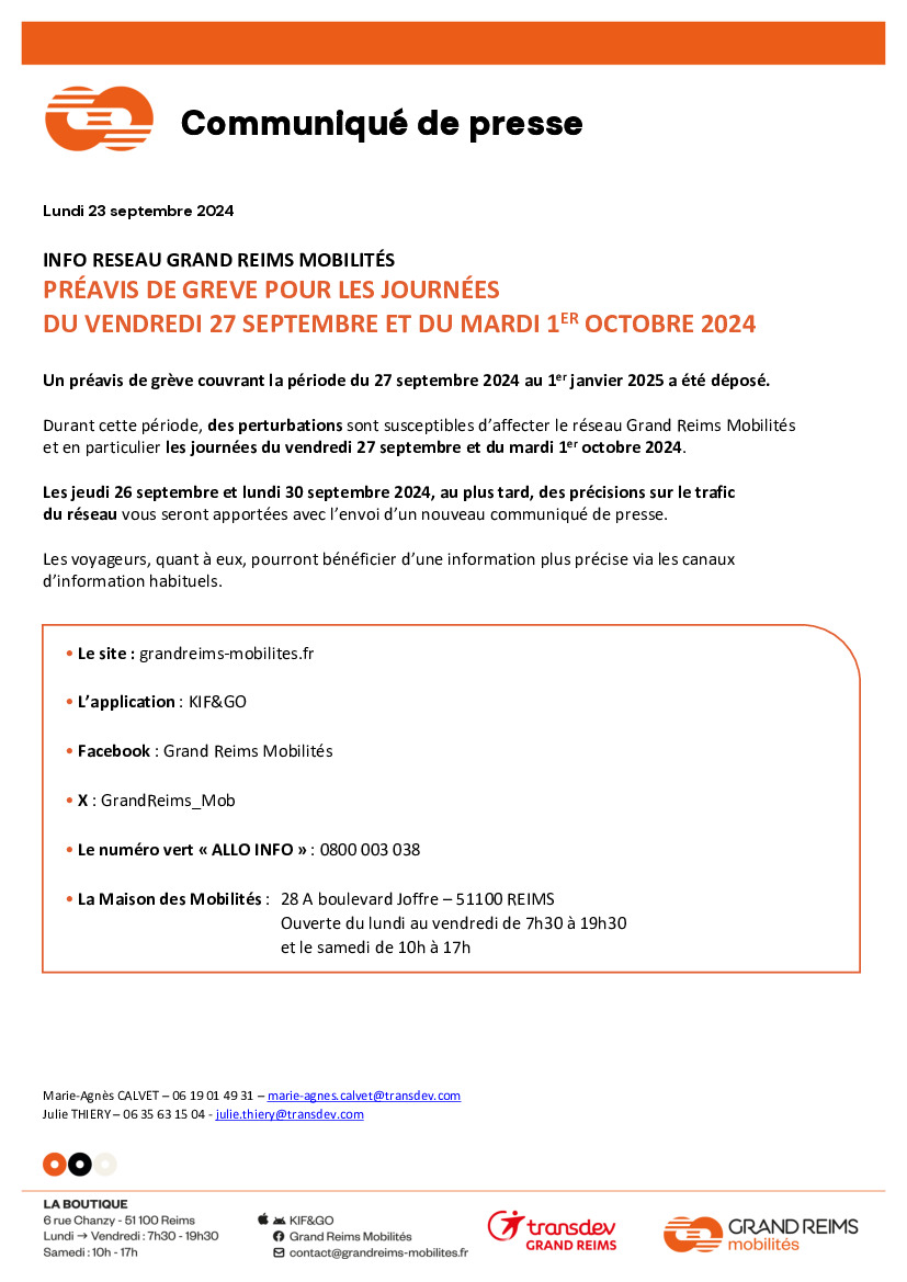 GRAND REIMS MOBILITES GREVE 27 09 ET 01 10 2024