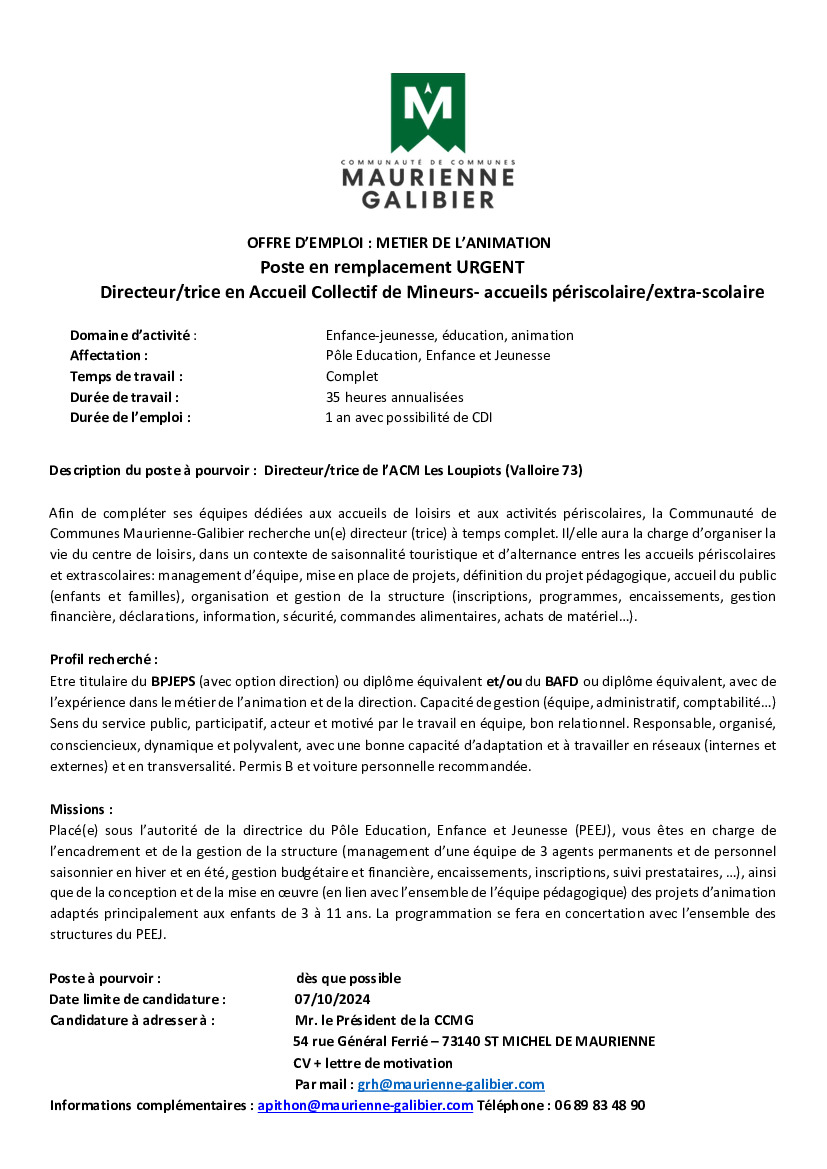 La communauté de commune MAURIENNE GALIBIER Recrute !