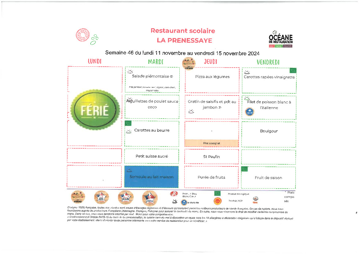 Menus de la cantine semaine 46