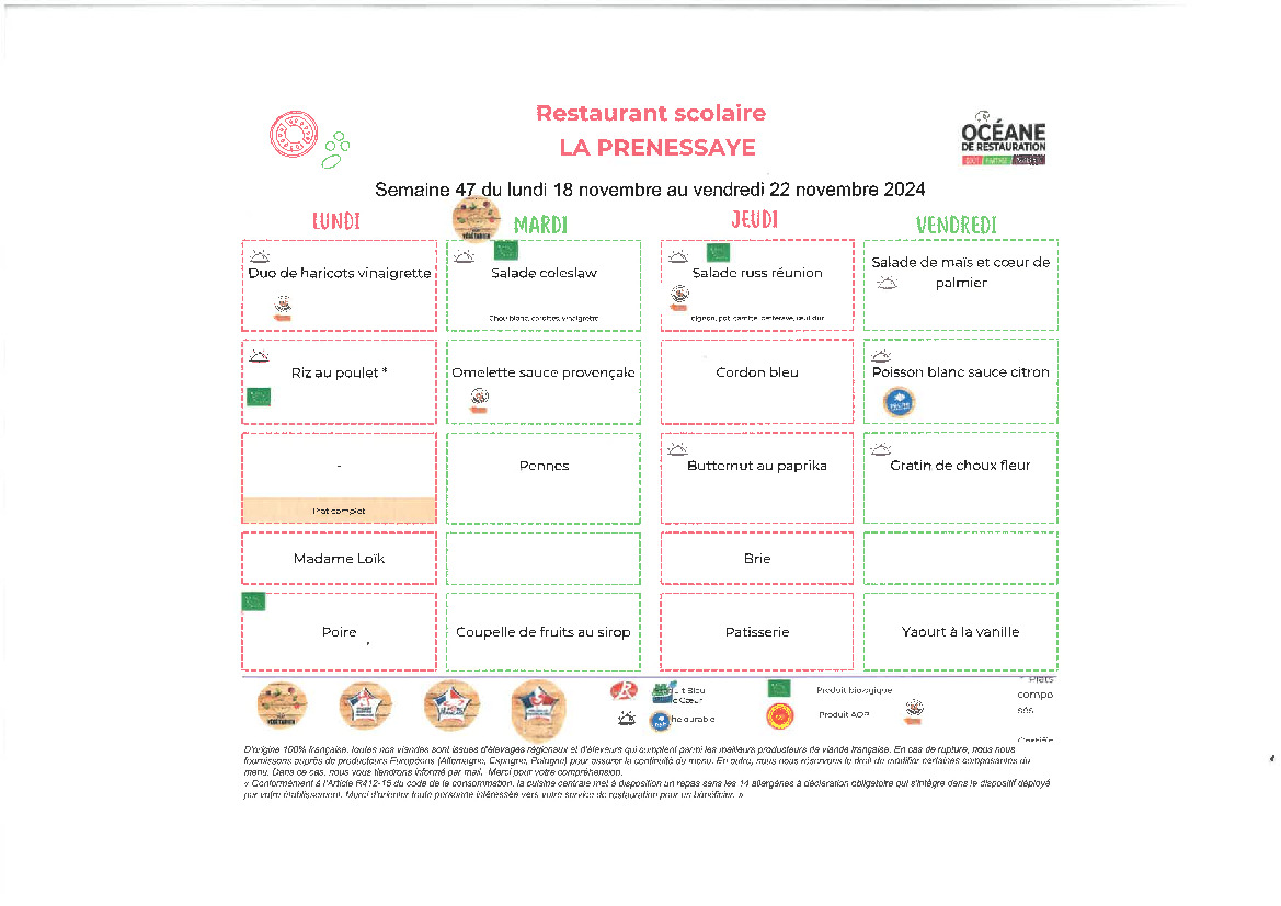 Menus de la cantine semaine 47