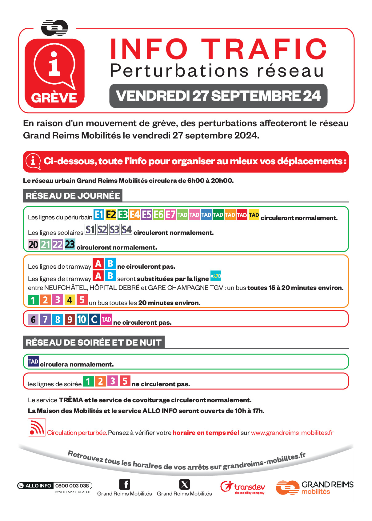 Réseau Grand Reims Mobilités - Info Grève du 27/09/24