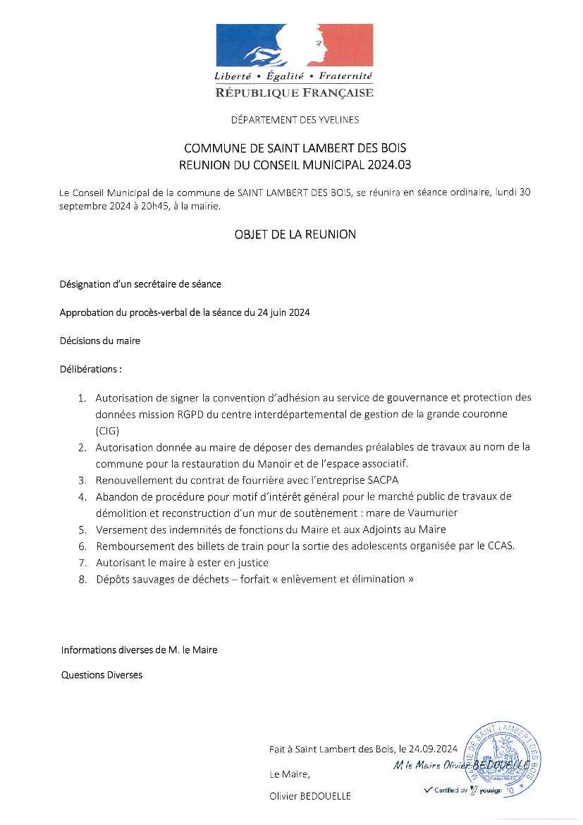 Ordre du jour du conseil municipal du 30 septembre 2024