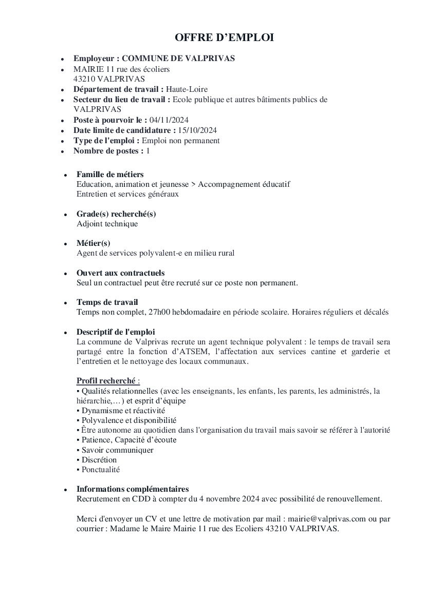 Offre d'emploi Commune de Valprivas