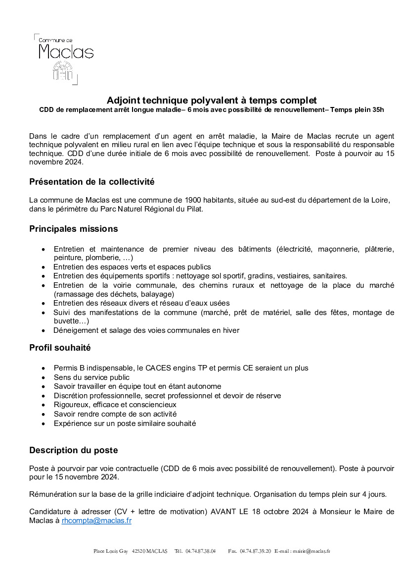 RECRUTEMENT - Adjoint technique polyvalent à temps complet