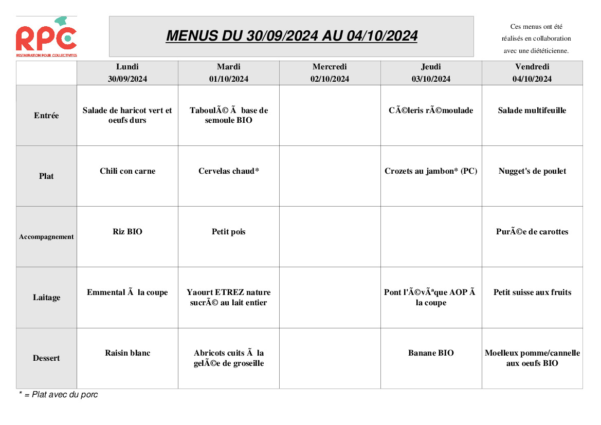 MENU CANTINE HEYRIAT DU 30 SEPTEMBRE AU 4 OCTOBRE