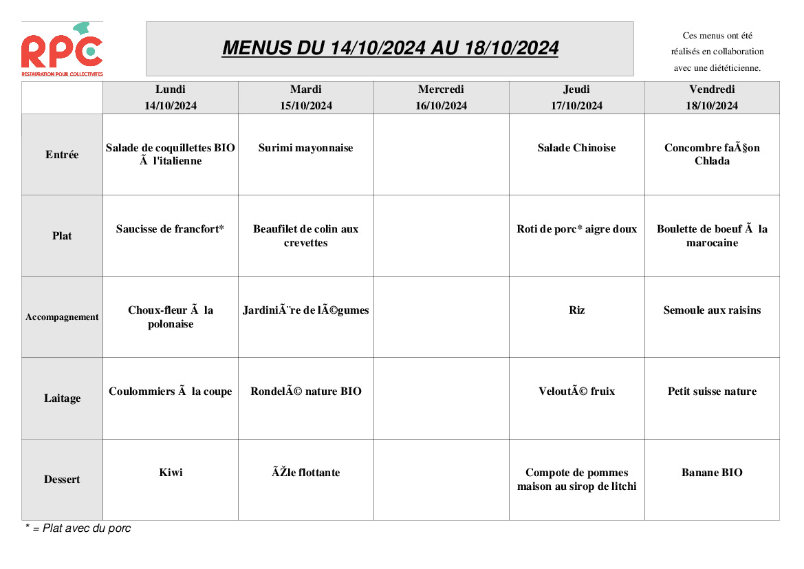 MENU CANTINE HEYRIAT DU 14 AU 18 OCTOBRE