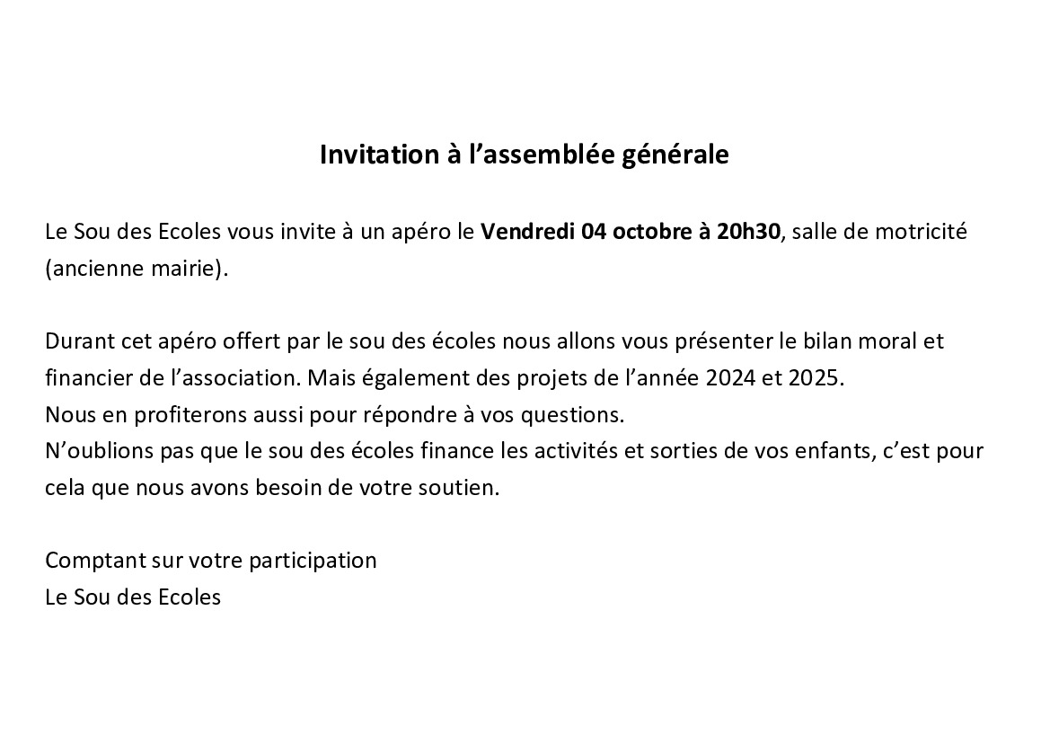 Assemblée Générale Sou des Ecoles 4 octobre 2024 20H30