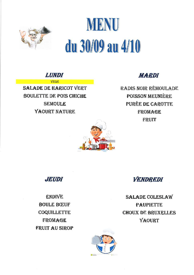 Menu de la cantine scolaire du 30/09 au 04/10