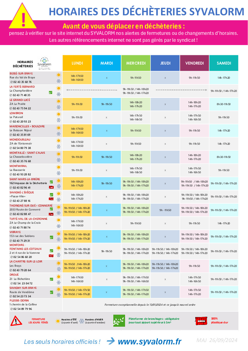 SYVALORM - Déchèteries : horaires d'hiver le lundi 7 octobre