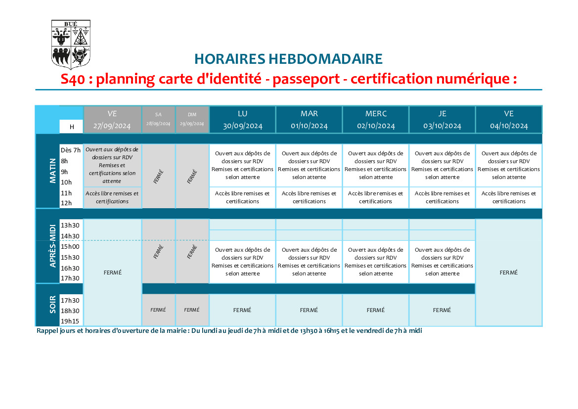 Planning d'ouverture S40