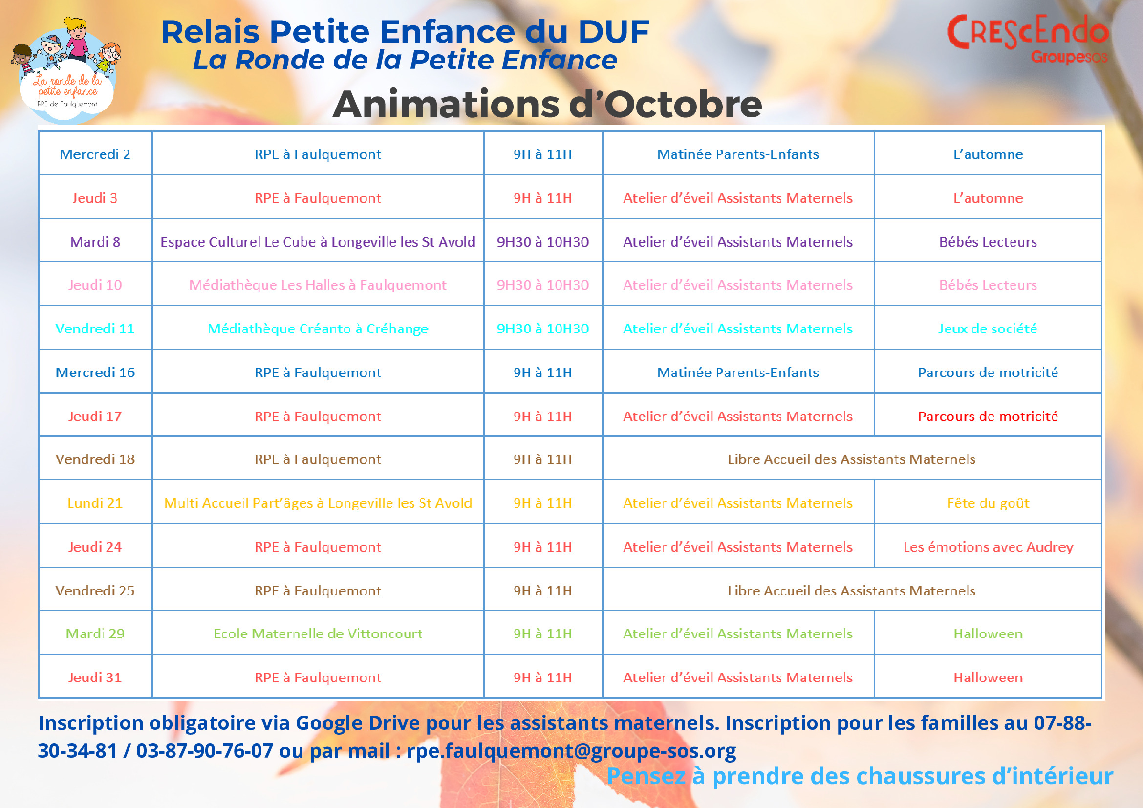 programme des animations du RPE pour le mois d'octobre