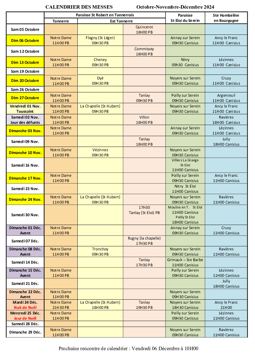 Programme paroissial dernier trimestre 2024