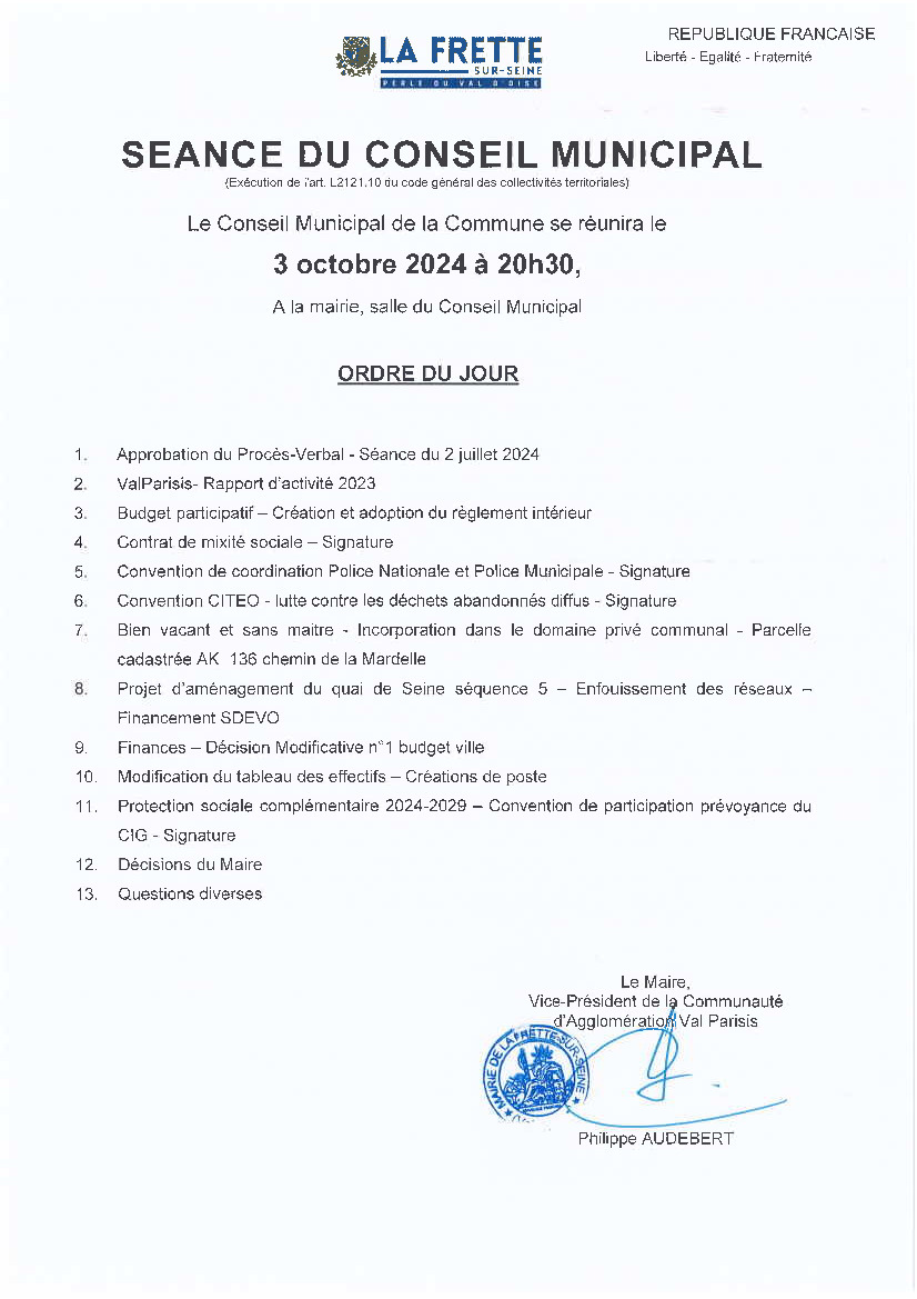 Réunion du prochain Conseil Municipal