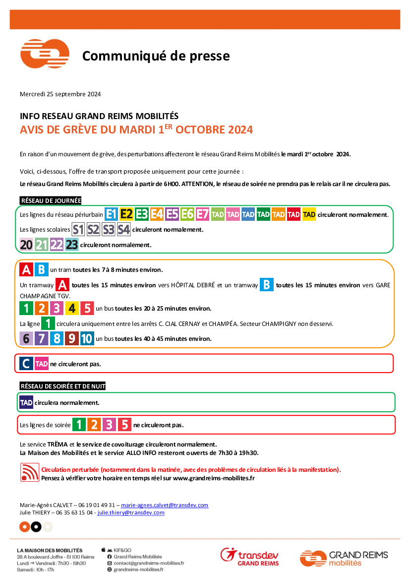 RESEAU GRAND REIMS MOBILITÉS AVIS DE GRÈVE DU MARDI 1/10