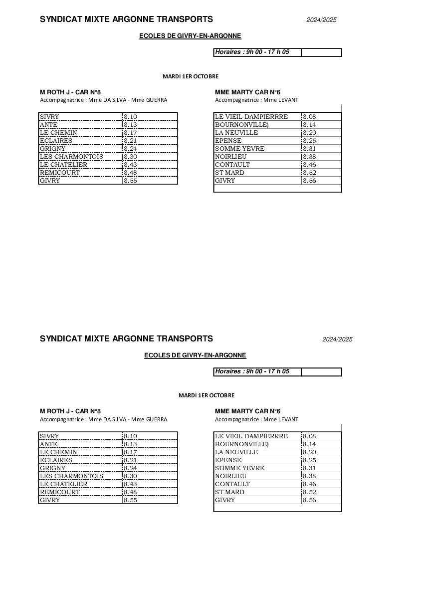 TRANSPORTS SCOLAIRES - MODIFICATION HORAIRE