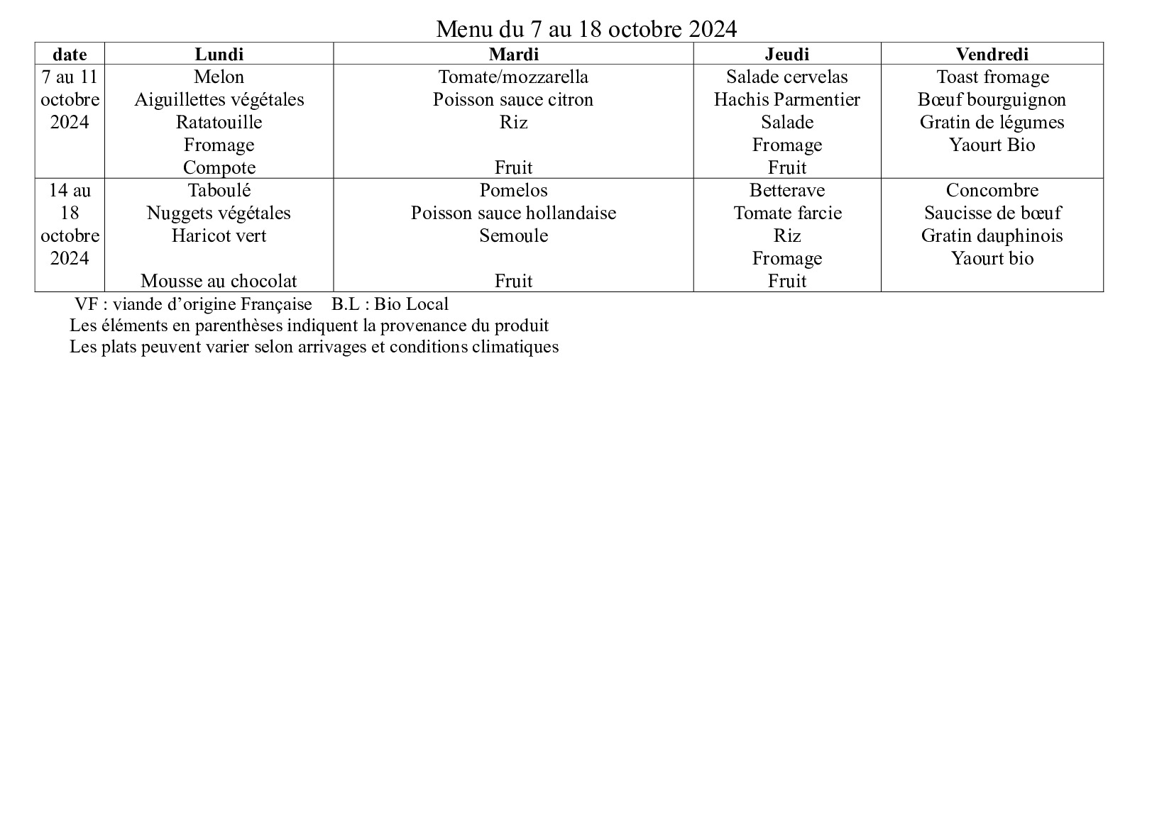 menu de la cantine du 7 au 18 octobre 2024